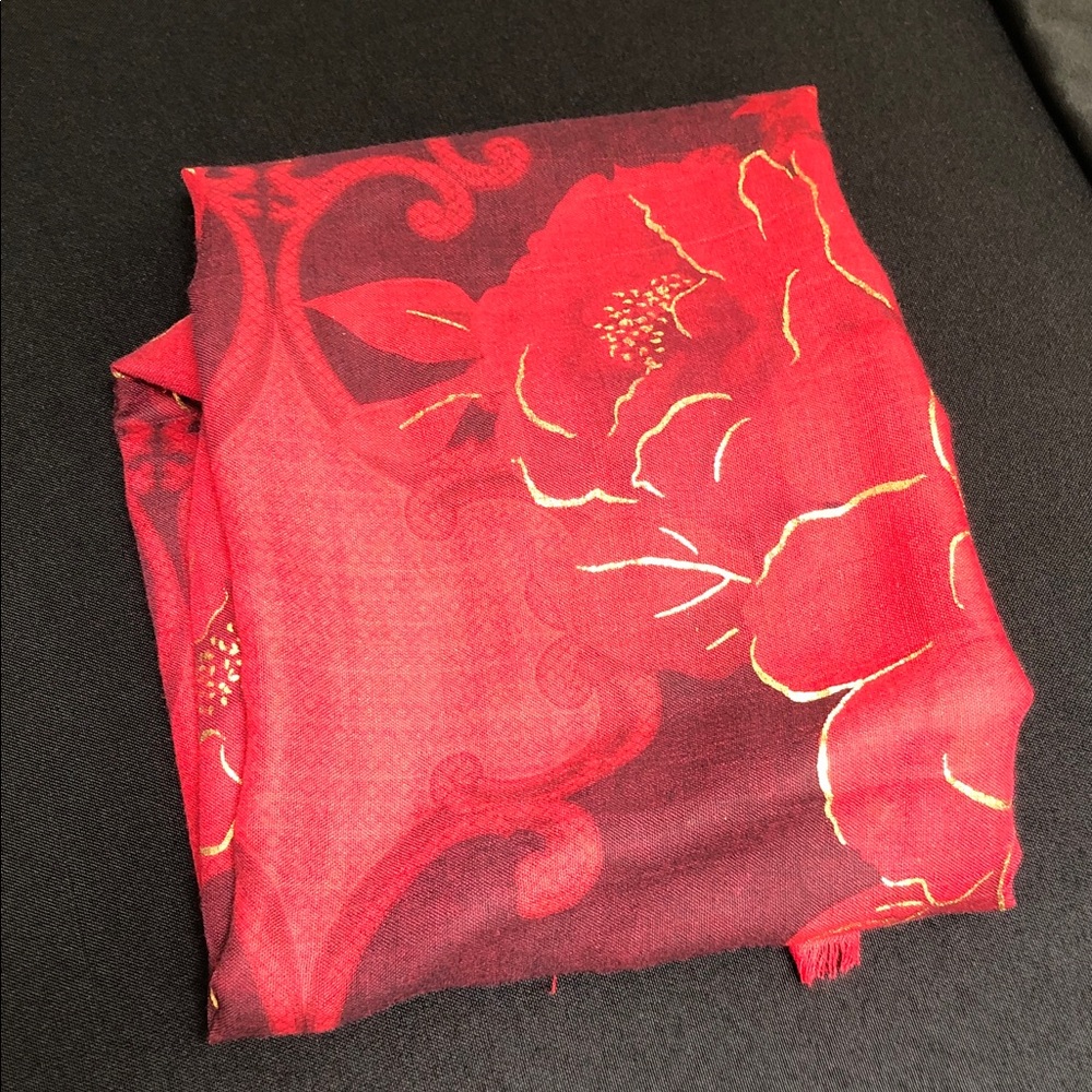Red Floral Scarf with Gold Accents